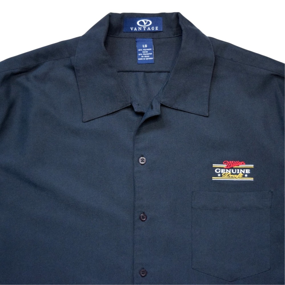 Vintage 90s Miller Genuine Draft Beer Men's Large Vantage Black Camp Work Shirt - Picture 2 of 11